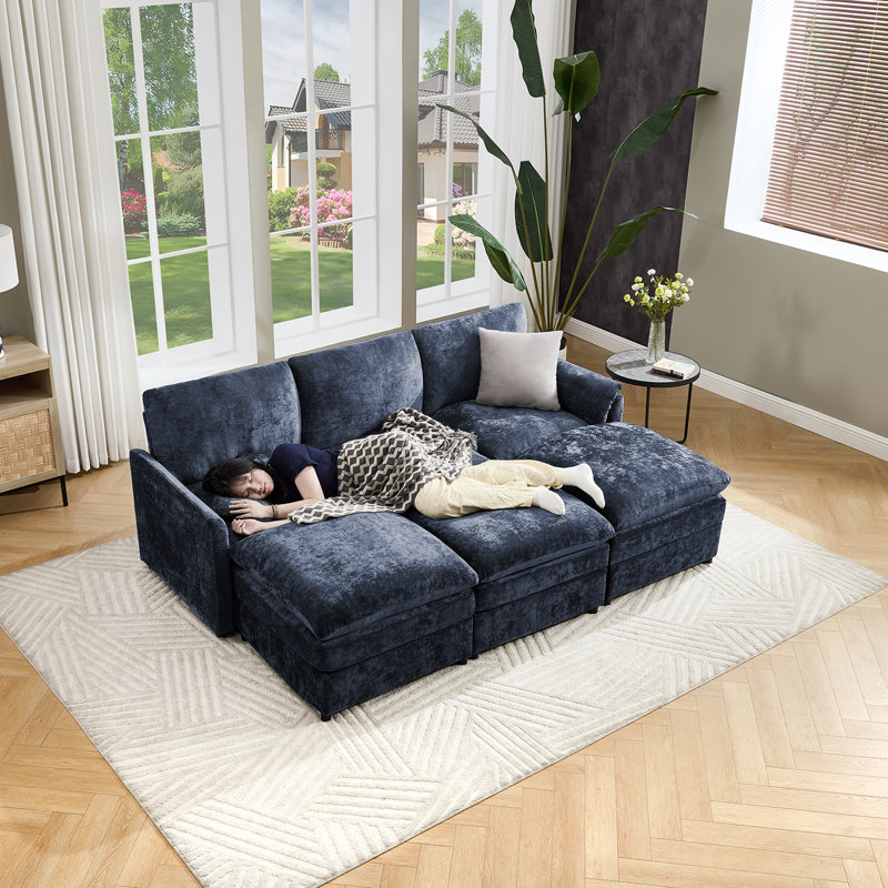Drago 4-Piece Modern Upholstered Living Room Set With Ottomans, Blue