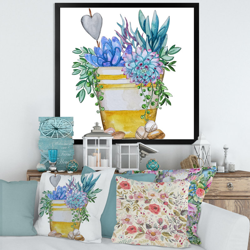 «Blue Succulent Plant Composition», impression sur toile, H 16 po x l 16 po x P 1 po, Cadre photo noir
