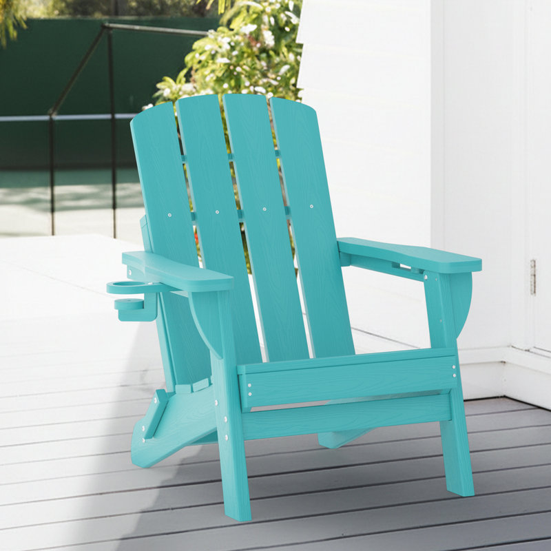  Folding Adirondack Chair Weather-Resistant HDPE Outdoor Fire Pit Chair With 2 Cup Holder, Blue
