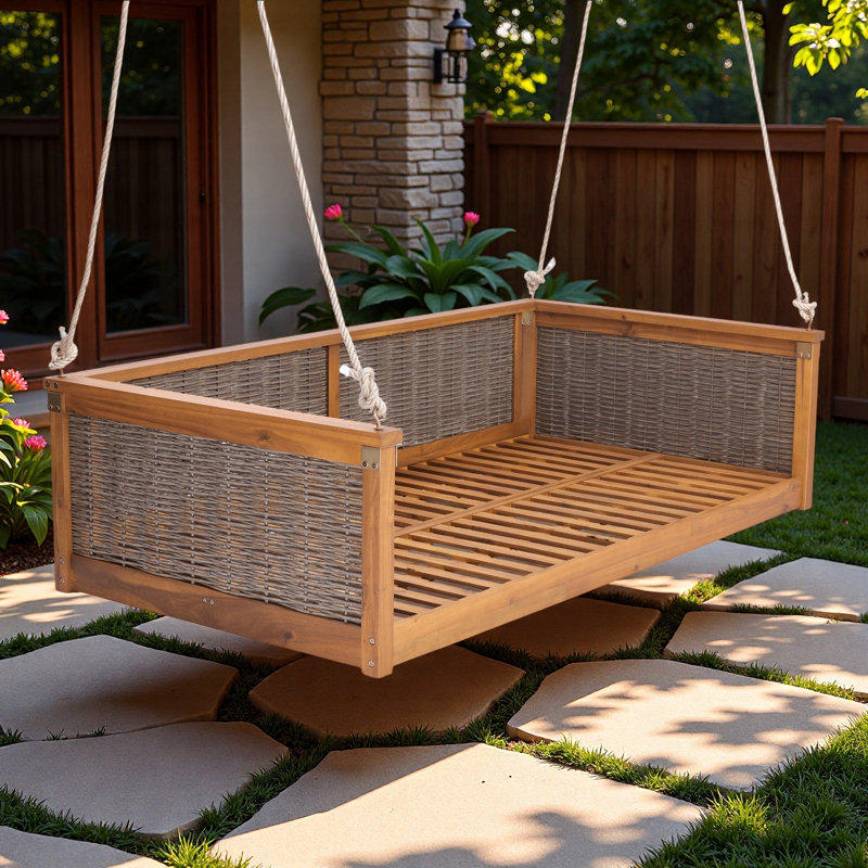 Lit de balançoire extérieur avec système de corde sécuritaire et rotin durable, Teck