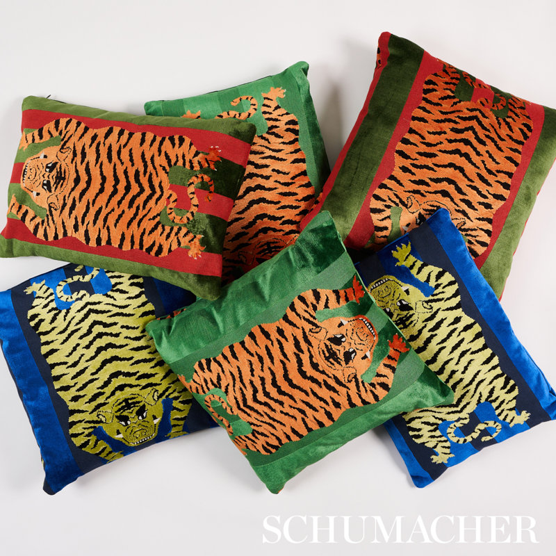 Jokhang Tiger Velvet Pillow, Blue