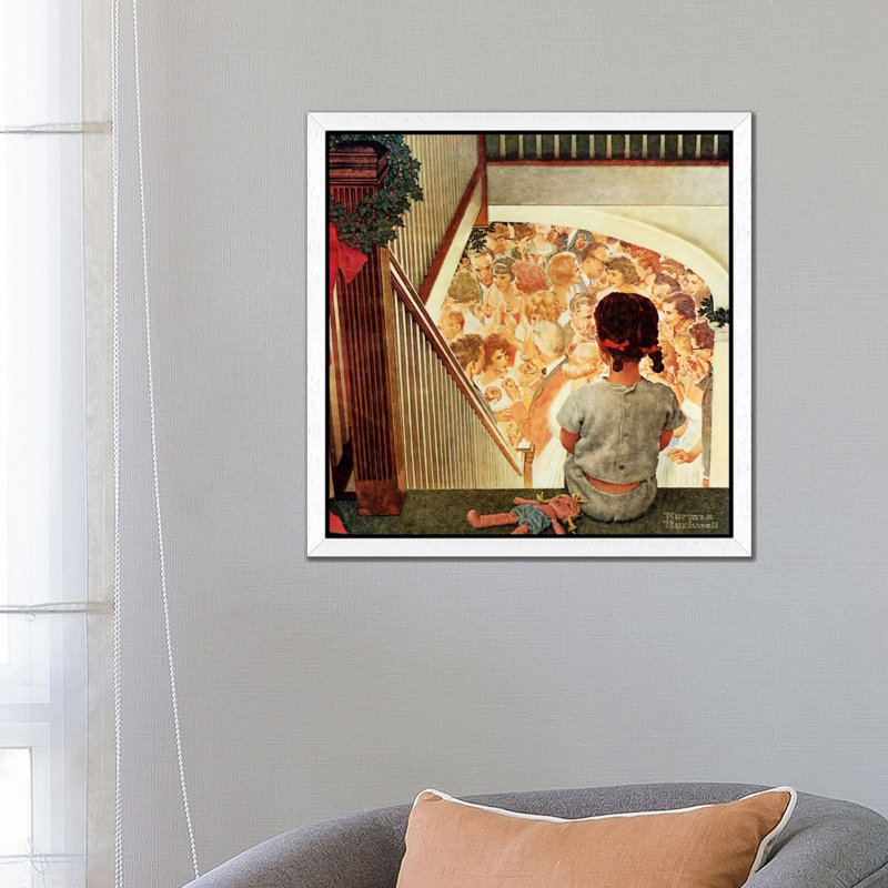 Little Girl Looking Downstairs At Christmas Party by Norman Rockwell - Floater Frame Painting on Canvas, White