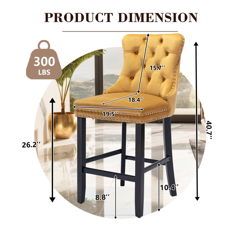 Ensemble de 4 tabourets de bar à hauteur de comptoir en velours pour îlot de cuisine, Jaune, Noir, 4