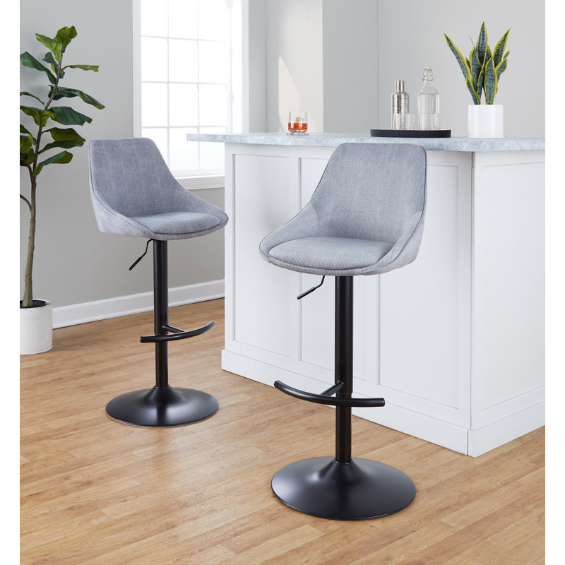 Grey Corduroy Adjustable Swivel Bar Stool with Black Metal Base