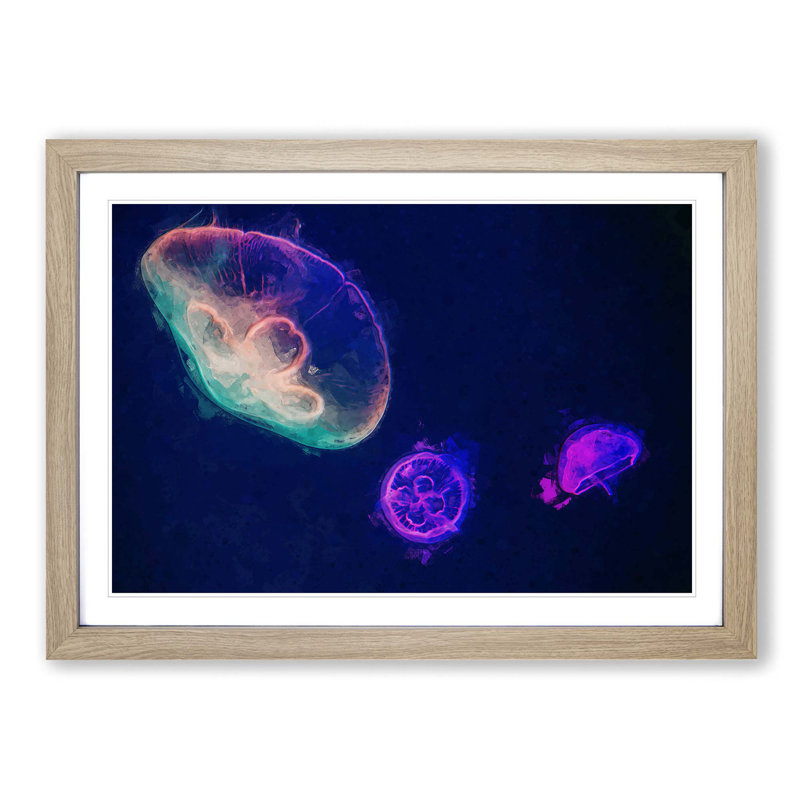 Neon Jellyfish in Abstract - Framed Print, 27cm H x 36cm W x 2cm D, Oak Framed