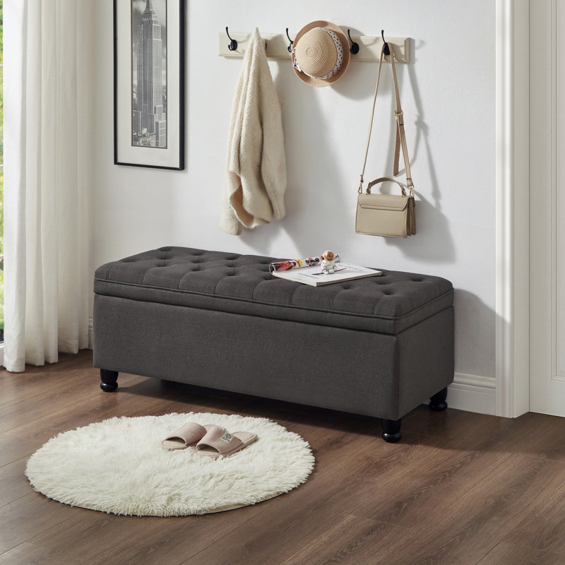 Banc de rangement en lin gris foncé avec boutons élégants, Gris foncé