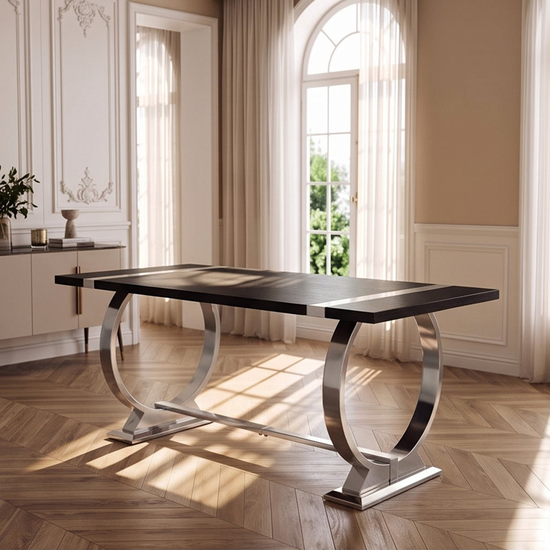 Table de salle à manger 60 "Glam - Plateau en bois d'ingénierie noir avec pieds en acier en forme de O et base en tréteaux