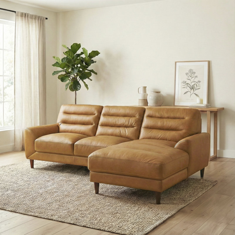 Canapé d'angle Clarion en cuir véritable beige avec méridienne à droite, Cuir brun clair