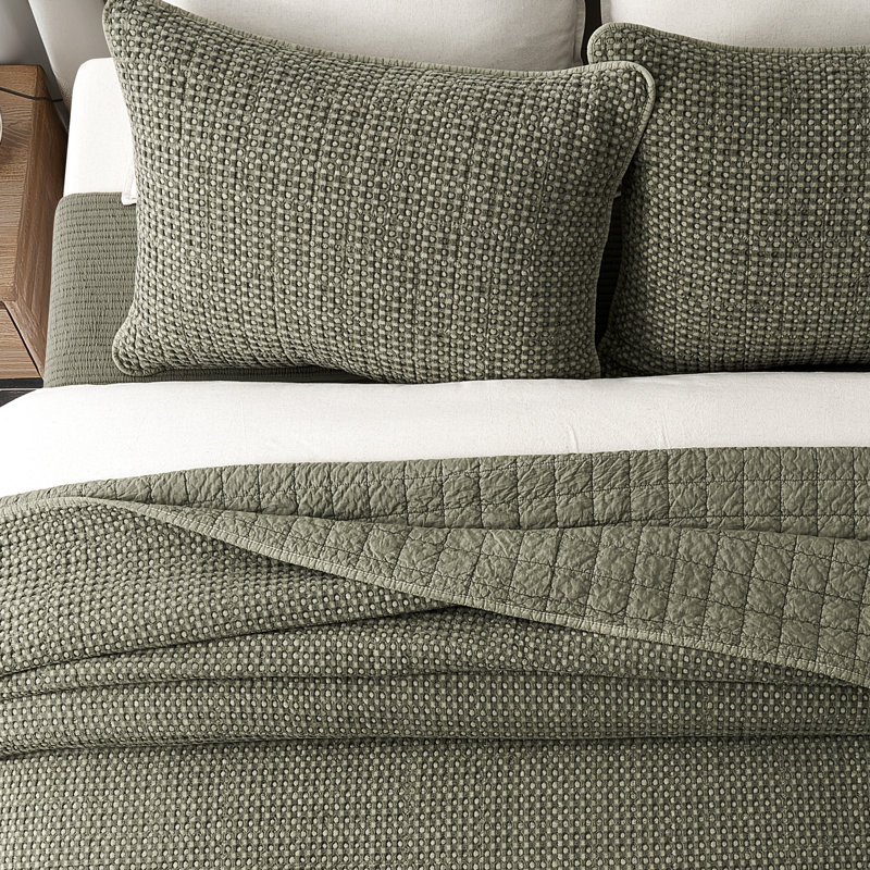 Stonewashed 100% Natural Cotton Waffle Quilt Set, Queen Quilt + 2 Standard Shams, Olive Green