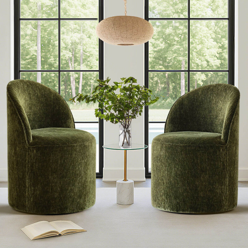 Small Chenille Upholstered Barrel Swivel Chair With Hidden Casters, Olive Green Chenille