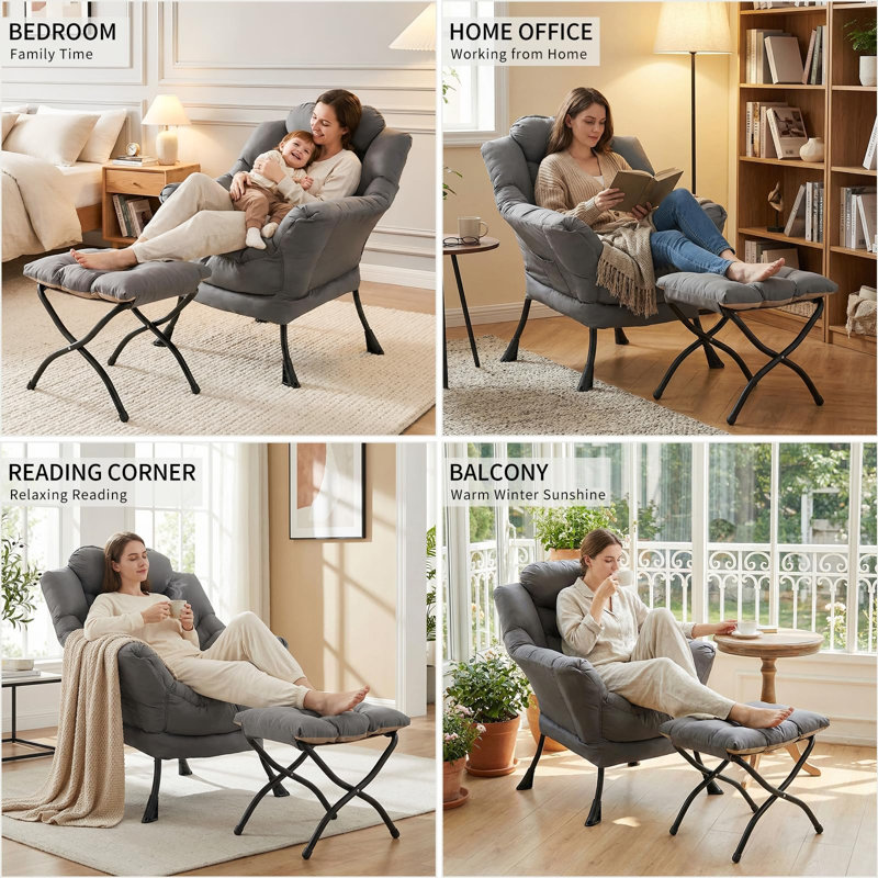 Upholstered With Footstool Wingback Chair, Dark Gray