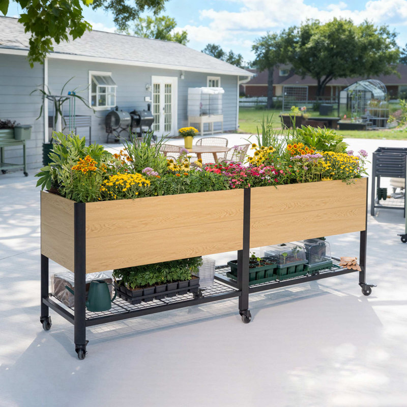 36" Tall 72" Long Rectangular Metal Outdoor Elevated Planter with Wheels