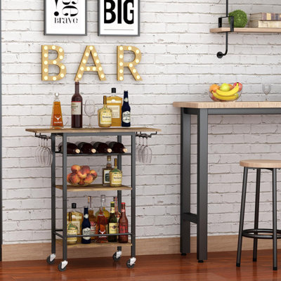 Bar Cart Three Tier Mobile Beverage Cart Rolling Kitchen Rack with Wine Glass Rack by 17 Stories