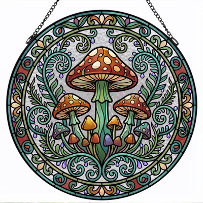 Mushroom Mandala Stained Glass Window Panel，12"H