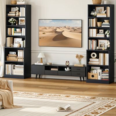 2-piece Tall Bookcase Set With Extra Desktop, Adjustable Shelves, And Enclosed Storage, Multi-functional Storage Bookshelf In White/black