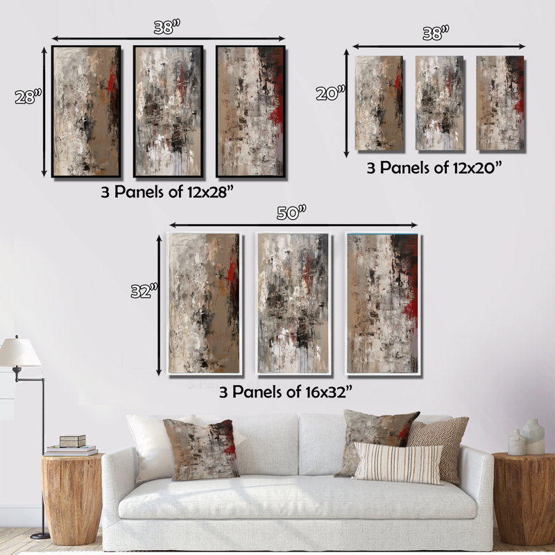 Fading Passion Abstract In Retro Beige And Red - Abstract Painting Art Set Of 3 Pieces, Toile tendue, H 20 po x l 36 po