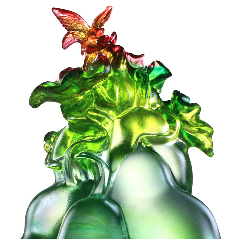 LIULI Crystal Art Crystal Butterfly And Gourd Sculpture, "Verdant Layers Of Fortune"