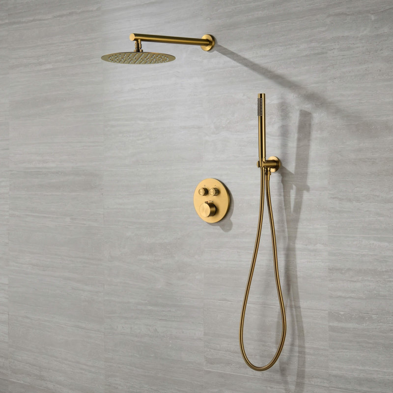Circular 2-Function Thermostatic Complete Shower Faucet Set, Brushed Brass