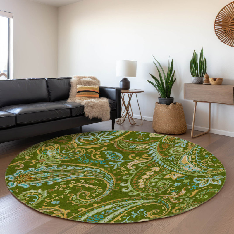 Premium Machine Washable Cerrito AMF533 Green Rug, Round 8'