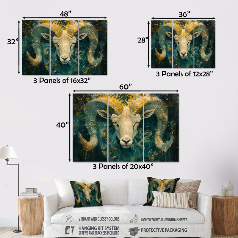 Astrologie verte et jaune «Aries Awakening I» «Astrologie verte et jaune Aries Awakening I» - 3 pièces, No Framed