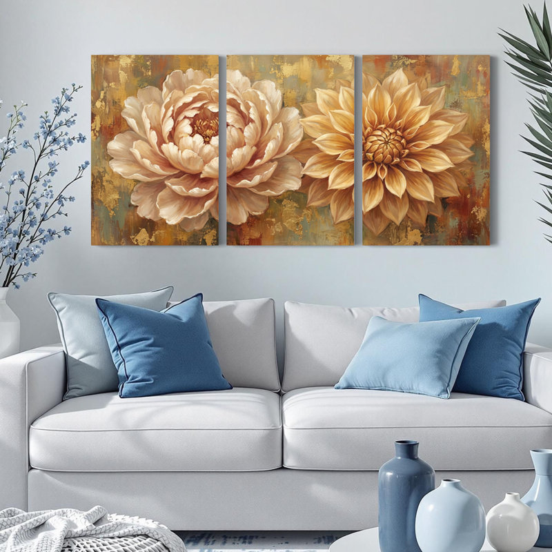 Ensemble de 3 tableaux sur toile tendue représentant des pivoines et des dahlias, pour la décoration du salon et de la chambre.