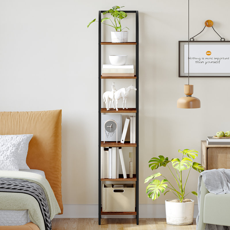 Bookshelf Narrow Bookcase, Tall Storage Rack with Steel Frame, Display Standing Shelf Unit, Skinny Book Shelf for Study Living Room Home Office, Industrial Style, 6-Tier Rustic Brown