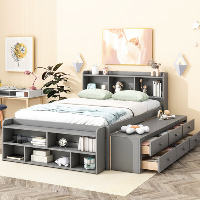 Full Size Bed In Grey With Practical Bookcase Headboard And Storage Drawers Featuring Strong End Solutions
