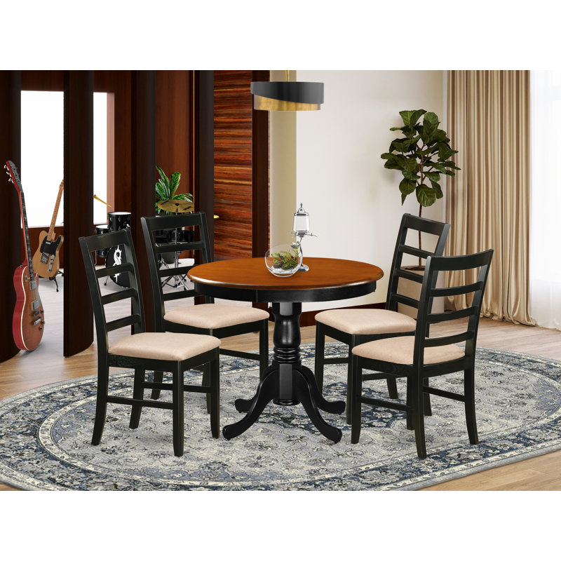 5 Piece Kitchen Table & Chairs Set Includes a Round Dining Room Table with Pedestal and 4 Linen Fabric Upholstered Chairs, 36x36 Inch, Black & Cherry