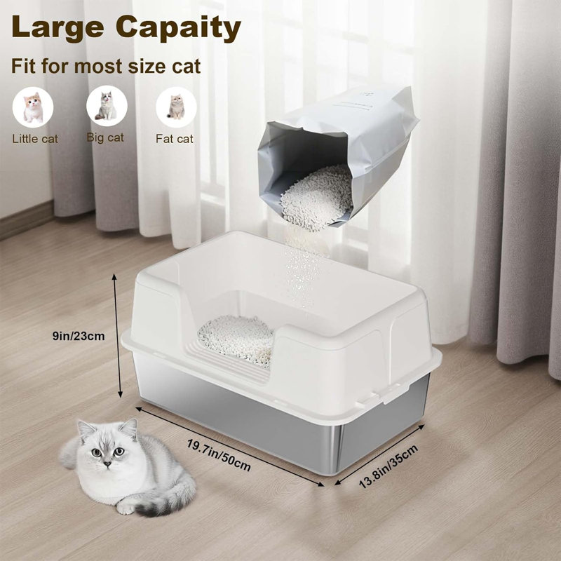 Stainless Steel Litter Box with Scoop, White, 22.9cm H x 35.1cm W x 50cm D