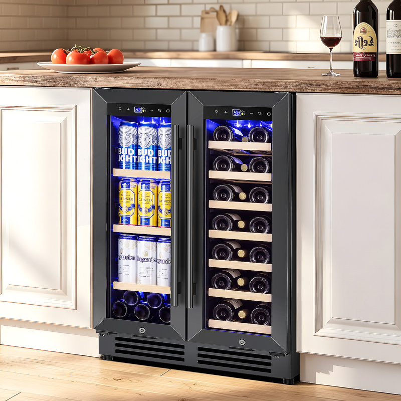 24" Dual Zone 20-Bottle 60-Can Wine & Beverage Refrigerator Built-In/Freestanding Glass Door Classic Cooler with 4 Door Handles,Blue LED and Adjustable Shelves