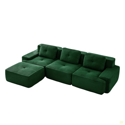 Modern L-Shaped Modular Sectional Sofa For Living Room, Corduroy Fabric, 4-Seater Couch With Deep Seat And Movable Ottoman, Pearl-Like Piping, Tufted Design, No Assembly, Anti-Slip Design