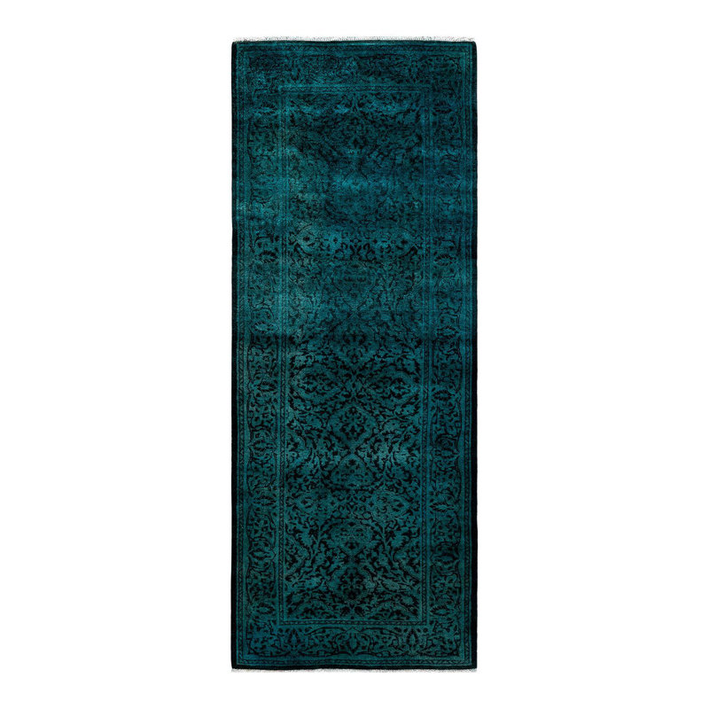 Hand-Knotted Black and Teal Wool Runner Rug 2'6" x 6'7"