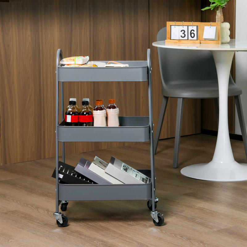 3-Tier Rolling Utility Cart with Locking Wheels, Metal Storage Organizer, Gray
