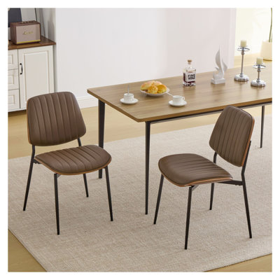Ensemble de 2 chaises de salle à manger de style Mid-Century moderne - chaises de cuisine rembourrées en similicuir rétro avec dossier en bois cintré noyer et pieds en métal, polyuréthane brun