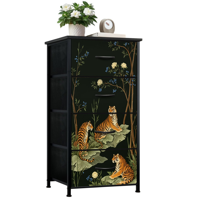 Commode pour chambre à coucher avec 4 tiroirs de rangement avec pivoines blanches, arbres, tigres, style chinoiserie, aquarelle, commode, commode en acier et armoire pour vestibule
