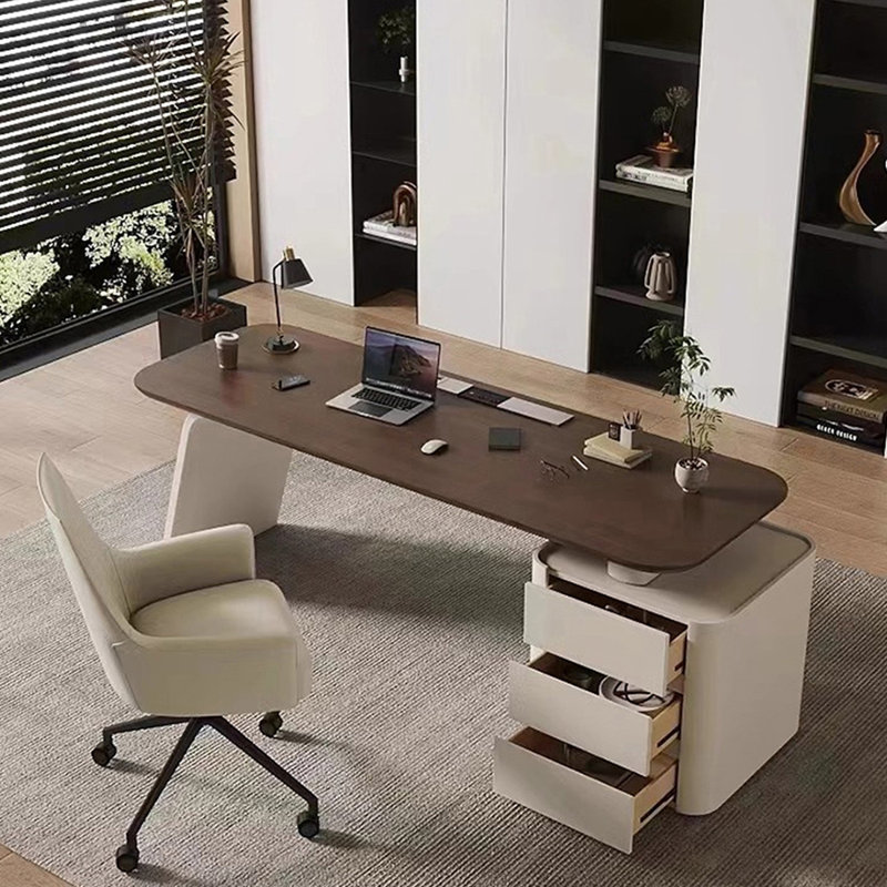 Bureau d'écriture rectangulaire en bois manufacturé brun noisette + blanc beige avec tiroirs, 29.63" H x 55.12" W x 27.56" D