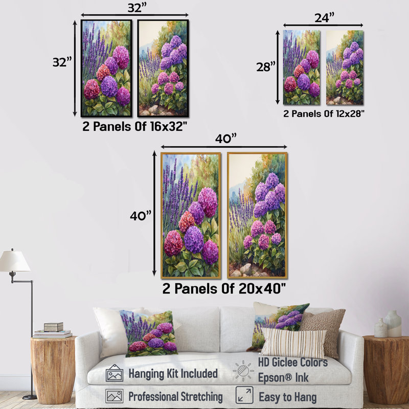 Hortensias et jardin de lavande I - impressions sur toile florales 2 panneaux, H 28 po x l 25 po, Toile tendue