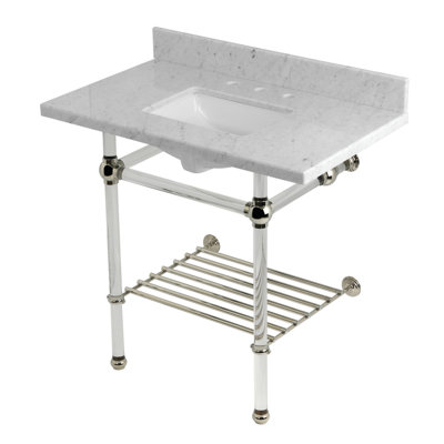 Kingston Brass Templeton 36-Inch Carrara Marble Console Sink with Acrylic Legs and Shelf (8-Inch, 3-Hole)