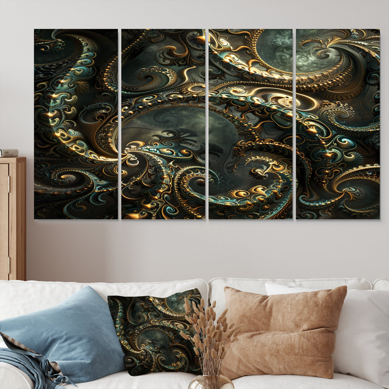 Retro Gold Whirling Fractal - Fractals Wall Art, ensemble de 4 pièces, H 32 po x l 64 po