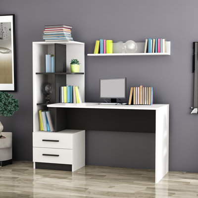 Modern Study Desk with Bookshelf & Wall Shelf, Black & White, 47.2 x 29.1 x 23.6 inches | 100% Melamine Coated Particle Board, 0.71 inches Thick | 2 Drawers, Numerous Shelves, Wall-Mountable Design for Home Office