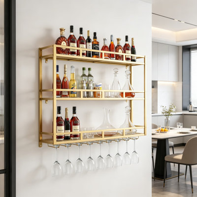 Support à vin mural avec lumières DEL, tablette de bar en métal à 3 niveaux avec supports en verre, rangement robuste de grande capacité pour bar à domicile et salle à manger