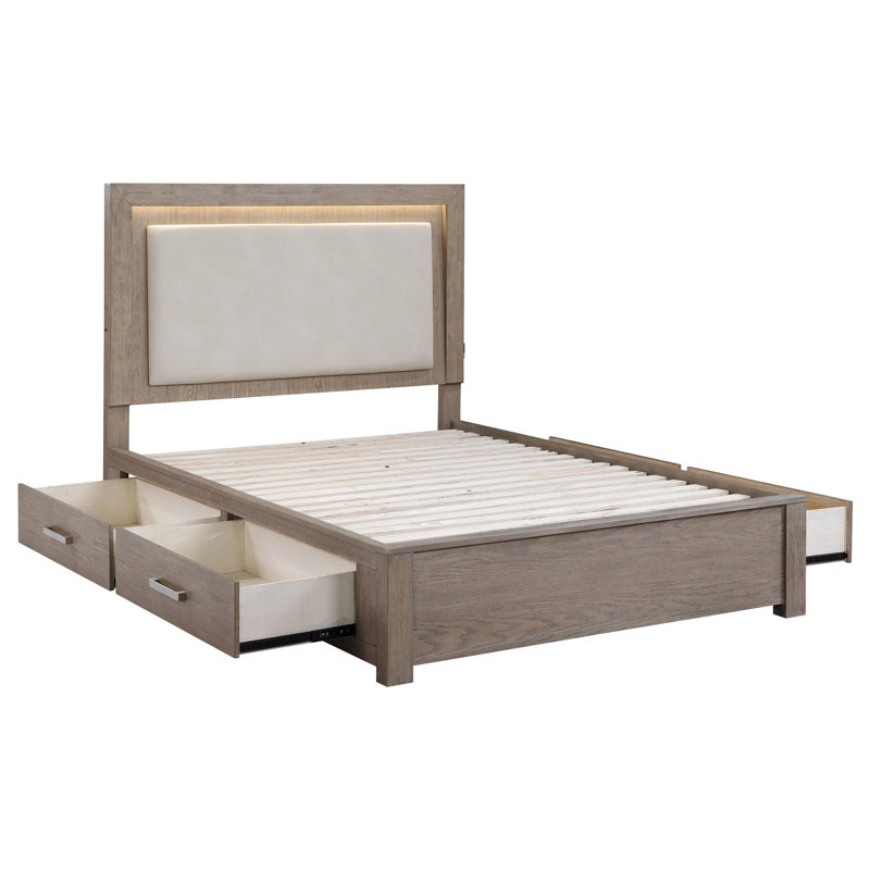 Lit Keno, tête de lit tapissier à DEL, 4 tiroirs de rangement, brun, Grand