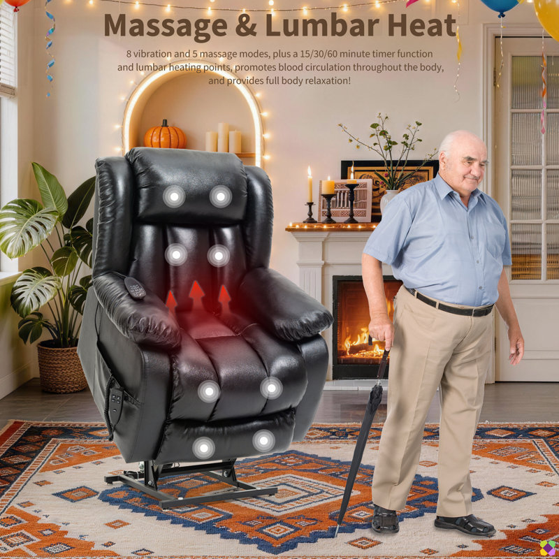Annettia 36.22" W 180° Flat Lay Genuine Leather Match Power Recliner, Massage Heater Lifting Chair, Black