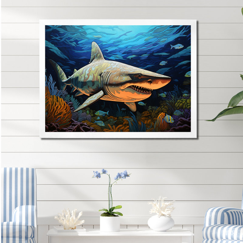 " Bull Shark Depths Photography I ", White Single Picture Framed, 30" H x 40" W x 1.5" D