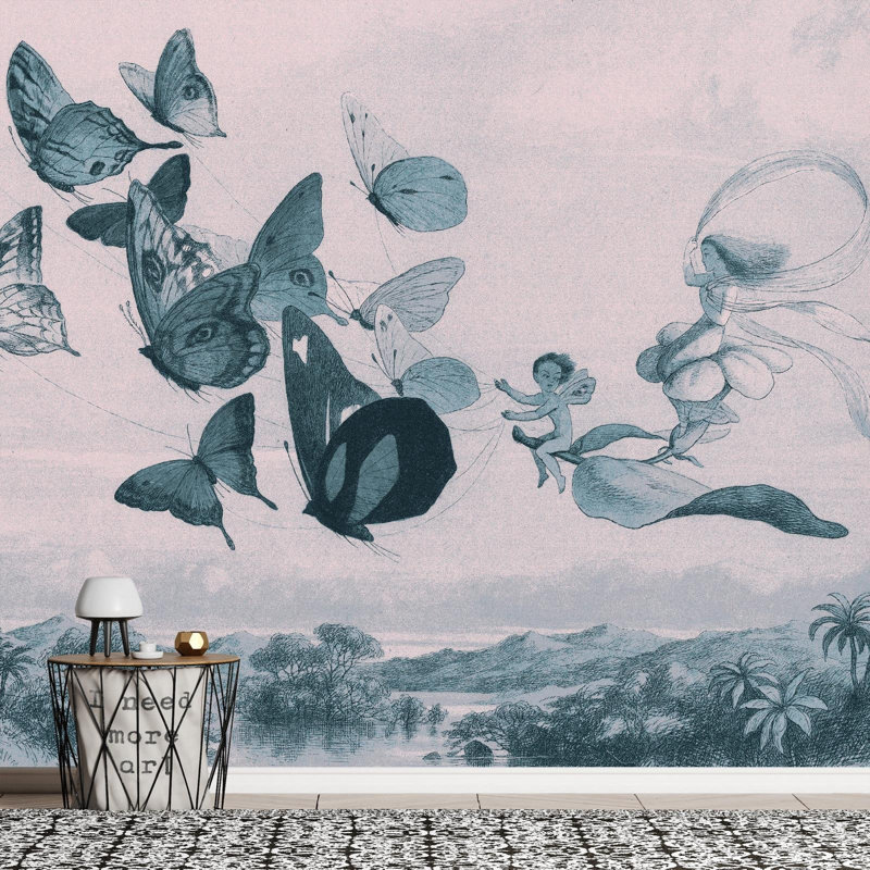 Murale Freddie-Joe avec papillons et fées, L 110 po x l 157 po, Non tissé