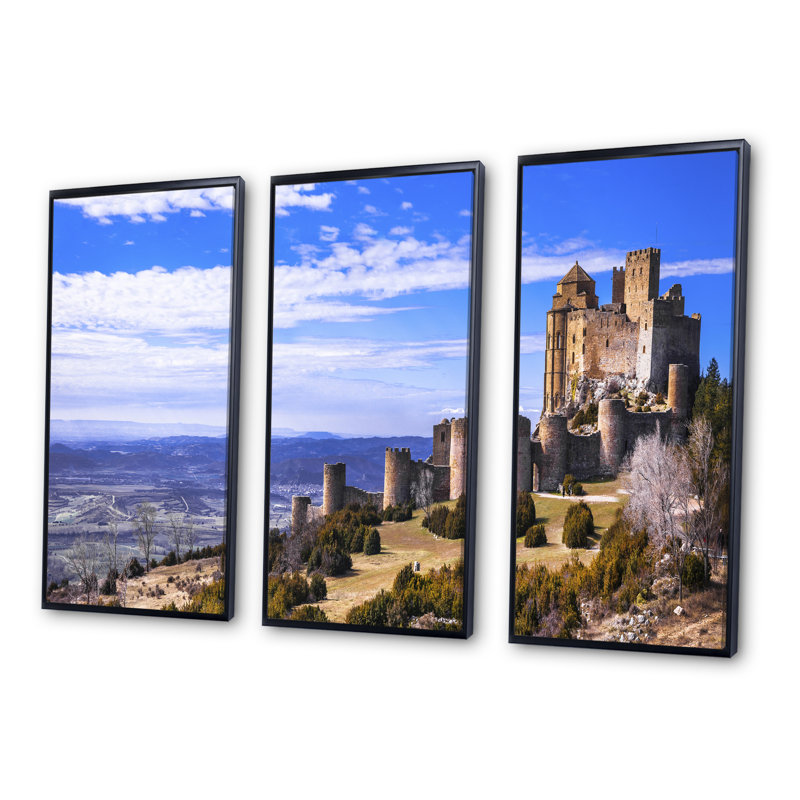 «Medimar Loarre Castle Panorama», ensemble de 3 reproductions encadrées sur toile, Cadre noir, H 20 po x l 36 po x P 1 po