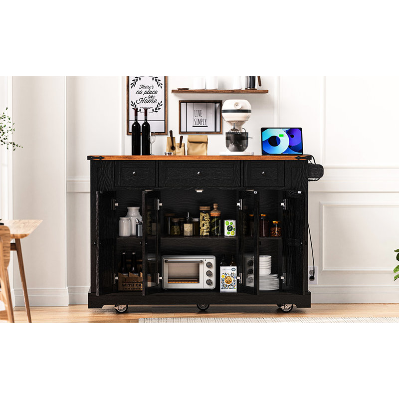 53'' Kitchen Cart With Two Tempered Glass Doors, 5 Open Storage , 3 Drawers, Rolling Drop Leaf, Power, Black For & Dining Style Island 53'', Shelves, Cart, Power Outlet, Room
