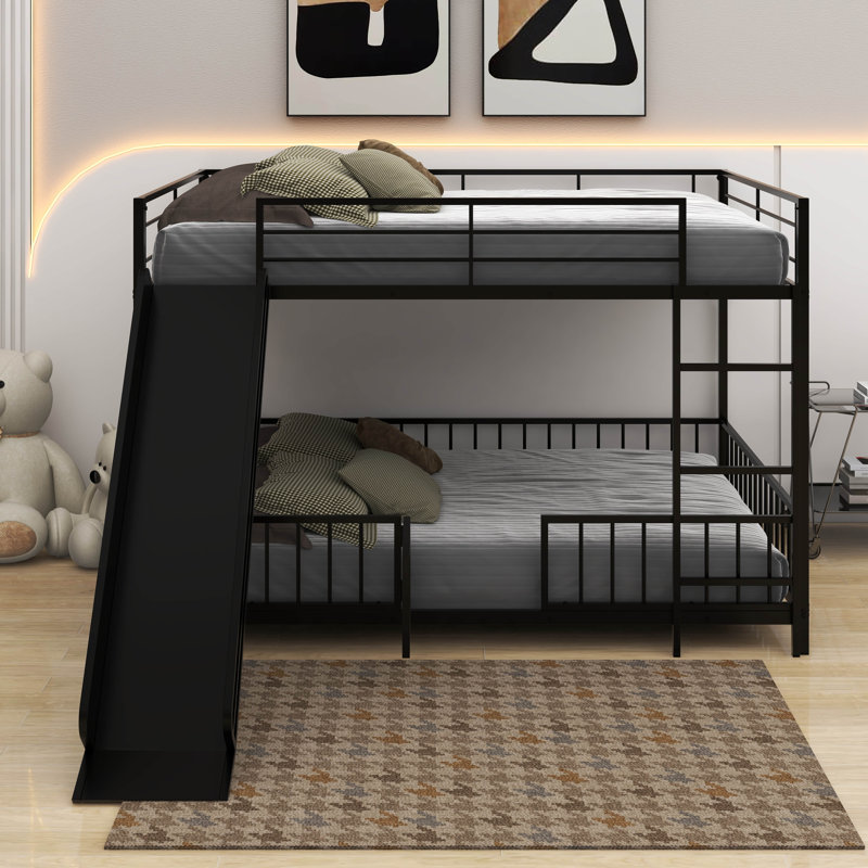 Metal Bunk Bed With Slide And Guardrails, Full Over Full, Black