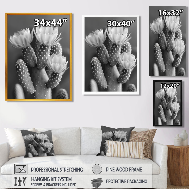 Cactus monochrome gris Botanical Bliss I - Floral Cactus Wall Art Living Room, Toile avec cadre flottant brun