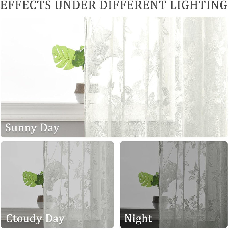 2 Panels Floral Lace Sheer Curtains - Elegant Design Rod Pocket Boho Chic Decor Window Voile Sheer Drapes Farmhouse Style for Bedroom and Living Room